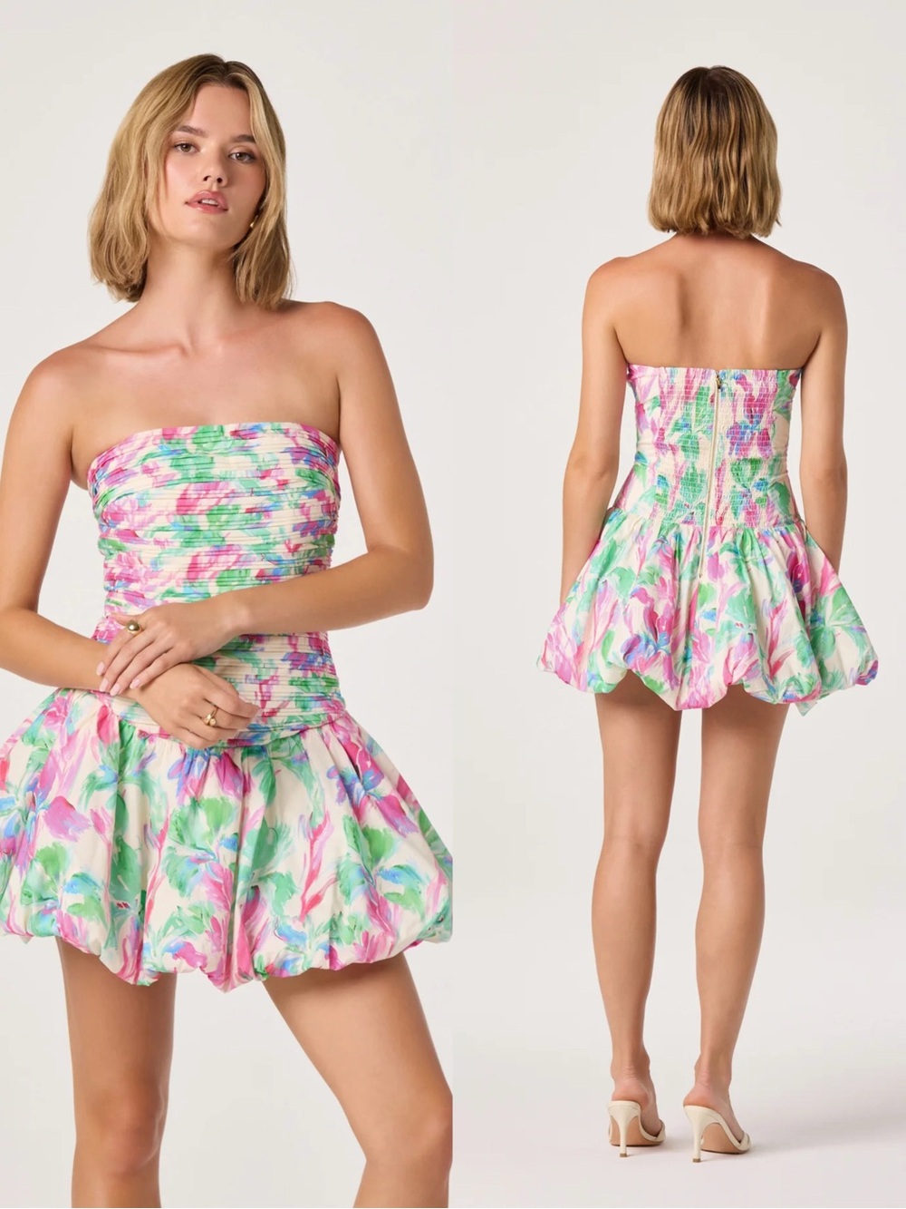 ASTR THE LABEL Ella Strapless Floral Bubble Mini Dress in Cream, Pink & Green
